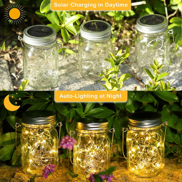 Solcellelamper Utendørs, 3 Stykker Solcellehagelamper 30 Led Vanntette Mason Jar Hagelamper For Innendørs Utendørs Belysning Dekor Juleris (wa