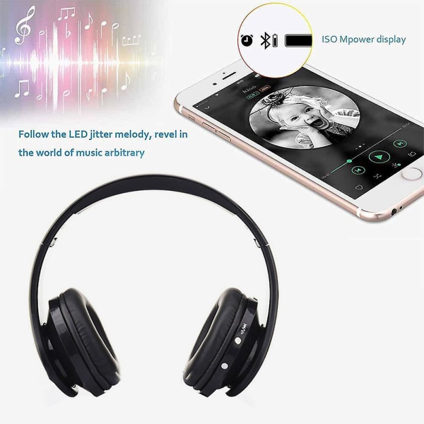 Bluetooth hörlurar Trådlösa, Over Ear-headset med mikrofon, hopfällbara och lätta, Mp3-läge och FM-radio för mobiltelefoner Laptop TvBlack Black