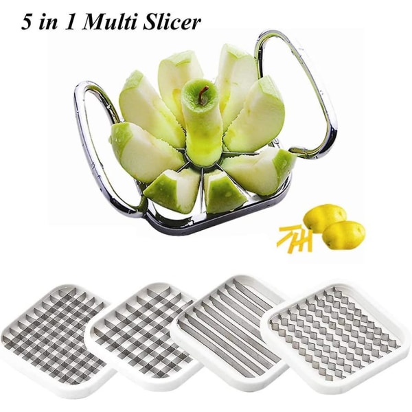 Rustfrit Stål Æble Skærer, Rustfrit Stål Frugt Skærer, 5 i 1 Rustfrit Stål Frugt Skærer Med Håndtag Til DIY Fremstilling, Frugt, Grøntsager, Kartoffel