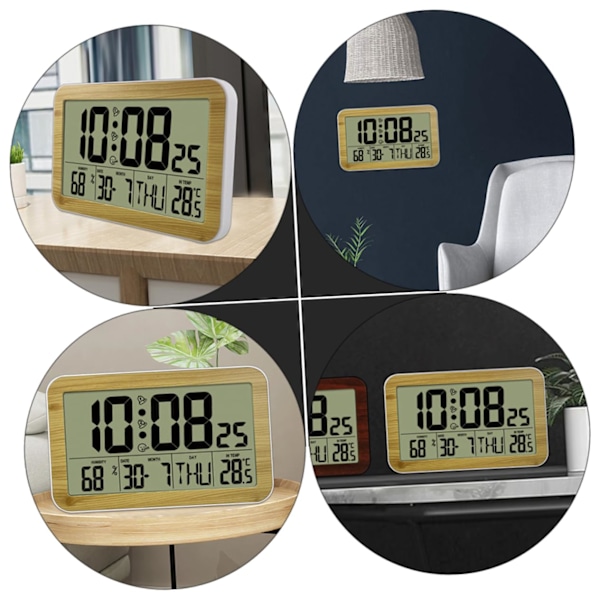 1 stk Trækorn Digital Vægur Skrivebordsur med Temperatur og Dato Træ Digital Alarmur Digital Kalender Alarmur