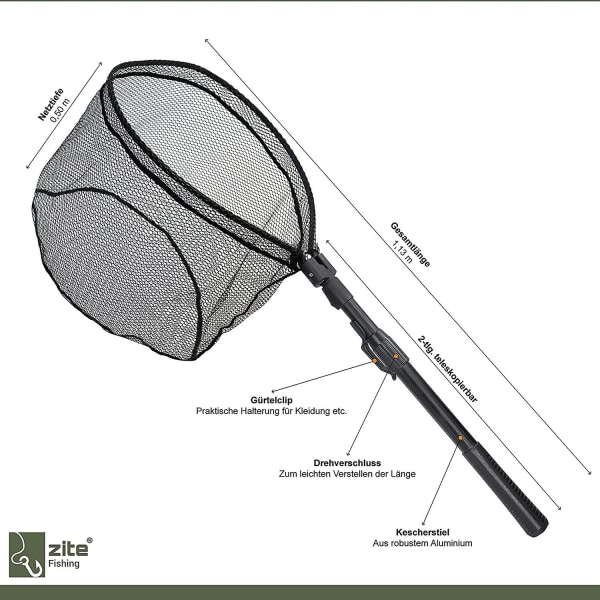 Kumipäällysteinen kalastusverkko - Teleskooppinen ja yhdellä kädellä nopeasti taittuva mekanismi - 113 cm verkko