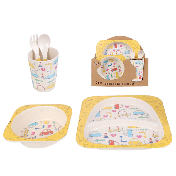 1 Set med 5 st Bambufibers Tallrikar Spisbestick för Småbarn Bambufibers Barnporslin Gul 21X21X2CM Yellow 21X21X2CM