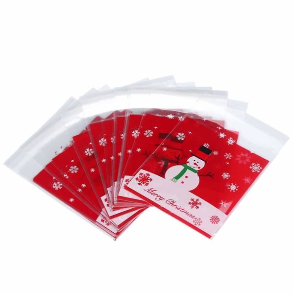 200 stk./pakke Juleemballagepose Selvklæbende Cookies Slik Opbevaringspose Til Fest Hjem Butik (rød, Snemand Snefnug, 10*10cm)Rød Red