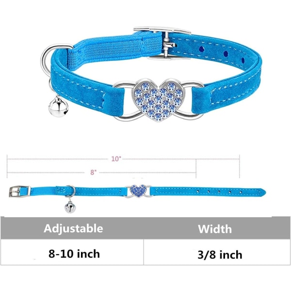 Heart Bling kattehalsbånd med sikkerhetsbelte og klokke justerbar 8-10 tommer for kattunger (blå)