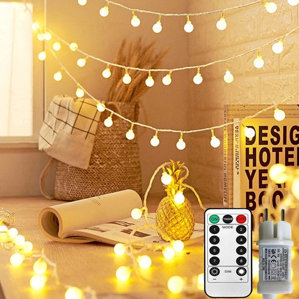 Sfæriske Fairy Lights, 100 Led 8 Mode-stik Udendørs String Lights med fjernbetjening til soveværelse, indendørs, have, jul og bryllup (varm hvid)