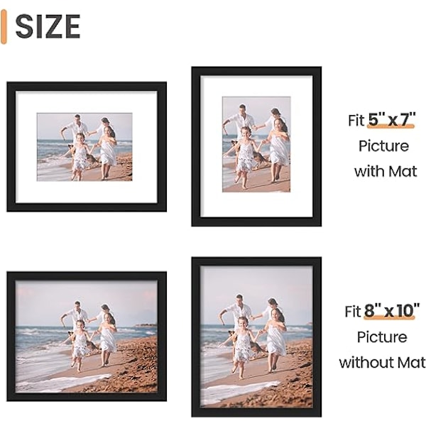 Bildramsset 8x10, 3-pack, tillverkad av högupplöst glas för 5x7 med passepartout eller 8x10 utan passepartout, väggmonterade fotoramar, svart