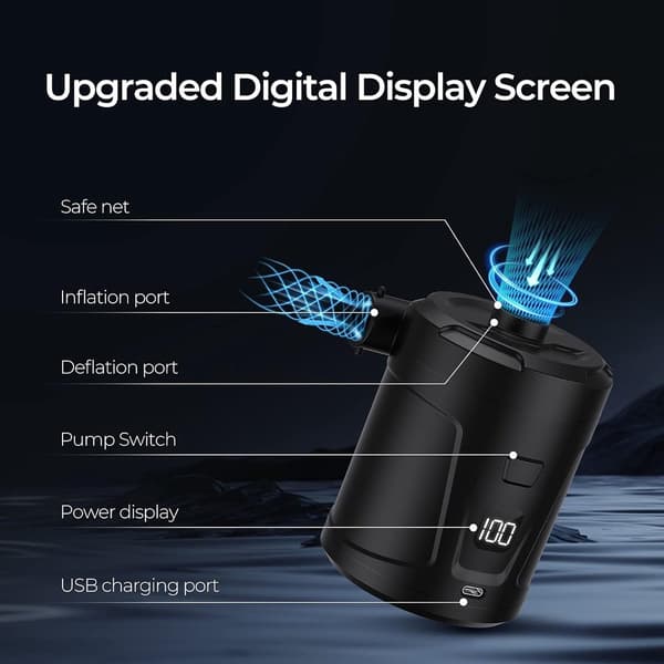Elektrisk luftpumpe, 5200mAh genopladelig trådløs luftpumpe, 4 dyser, LED-display, 400L/min til pools og luftmadrasser, sort