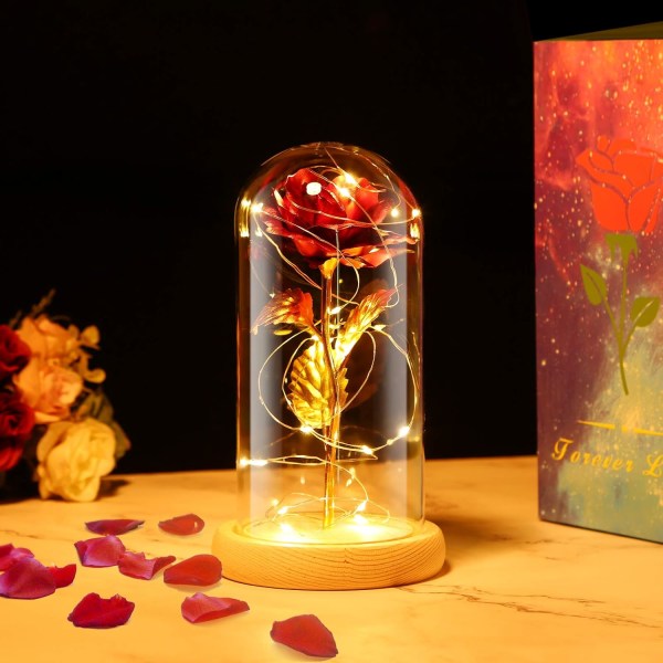Beauty and the Beast Rose, Eternal Rose under glasklokke med LED-lys Pine Base til Ven Kone Mor Valentinsdag Fødselsdag