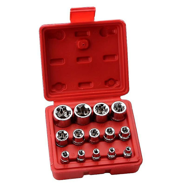 14-delars E-hylsnyckelsats, Torx-hylsnyckelsats, 6-kantig Torx-hylsa, Bilreparationssats, 1 set, Silver (röd låda)