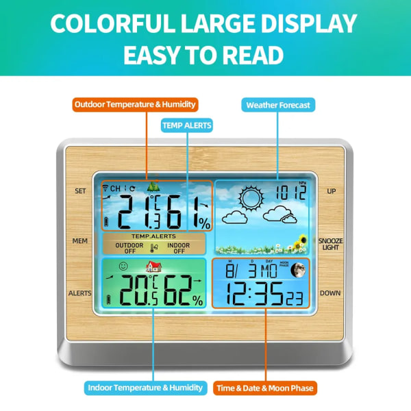 Vejrstation trådløst indendørs udendørs termometer, farvedisplay vejrtermometer, digital temperaturmåler med barometer, kalender