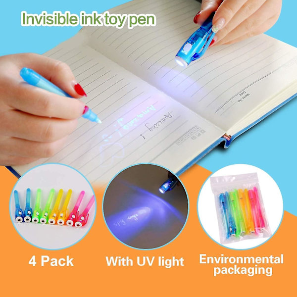 4-pak Usynlige Blækpenne Med UV-Lampe, Forsvindende Spionpen