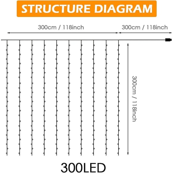 Lysgardin 3x3m, 300 LED Innendørs Lyskjede Gardin 8 Moduser Lyskjeder For Festdekorasjon Spesialdekorasjonsbelysning Fest Jul