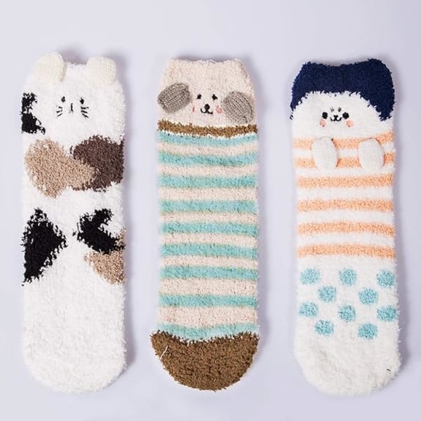 3 Par Fuzzy Sokker for Kvinner Vinter Varme Fluffy Myke Topplapper Hjem Sove Søte Dyr Sokker