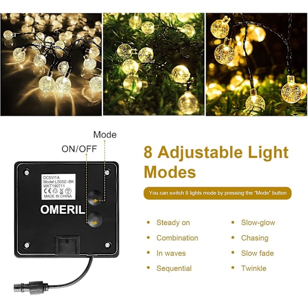 Solcelle-lysstreng, Feelysslyng 50 LED Krystal Kugler IP65 Vandafvisende, Ekstra USB-stik, 8 Tilstande Indendørs og Udendørs Dekorative Lys, Hjem/G