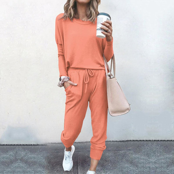 Damkläder Lösa Tvådelade Set Solid Långärmad Toppar Väst Casual Byxor Sweatsuit Vattenmelon Röd Watermelon Red S
