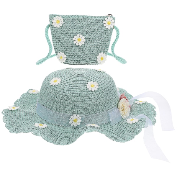 1 Sæt Sommer Baby Åndbar Hat Halmhat Halm Håndtaske Sød Skuldertaske Mintgrøn 32,5X32,5CM Mint Green 32.5X32.5CM