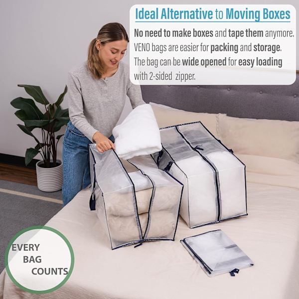4-pack Extra Stora Transparenta Flyttpåsar med Ryggsäcksremmar, Starka Handtag & Blixtlås, Alternativ till Flyttlådor (Transparent, 4-pack)
