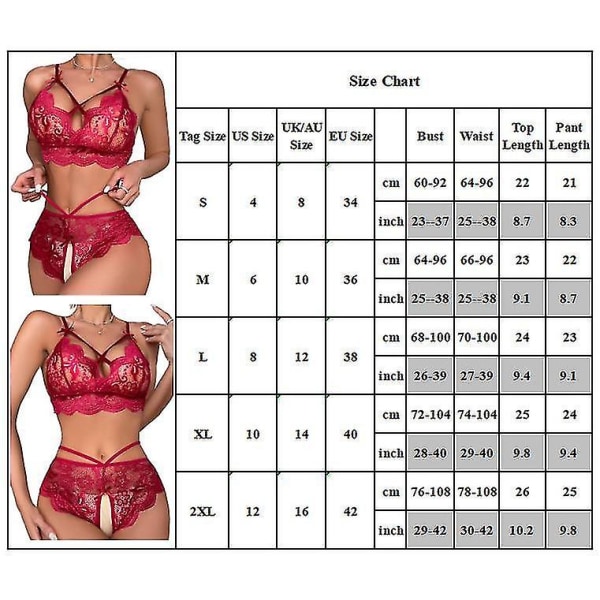 Sexig Kvinna Blommig Spets V-ringad BH Toppar + Crotchless Trosor Lingerie Set Underkläder Nattkläder S
