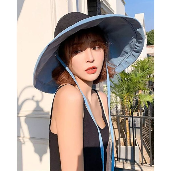 Damhatt Solhatt Packbar Vändbar Bucket Hat UV-skydd Bredbrättad Sommar Strandkeps Ljusblå Lightblue