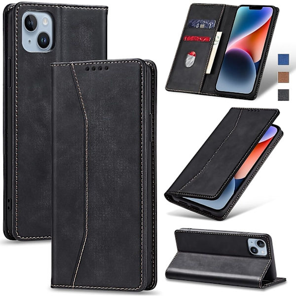 RIYI Fodral för iPhone 14, PU Läder Plånboksfodral [Stötsäkert] [Magnetiskt] [Korthållare] [Stativfunktion] Flipfodral (Svart)