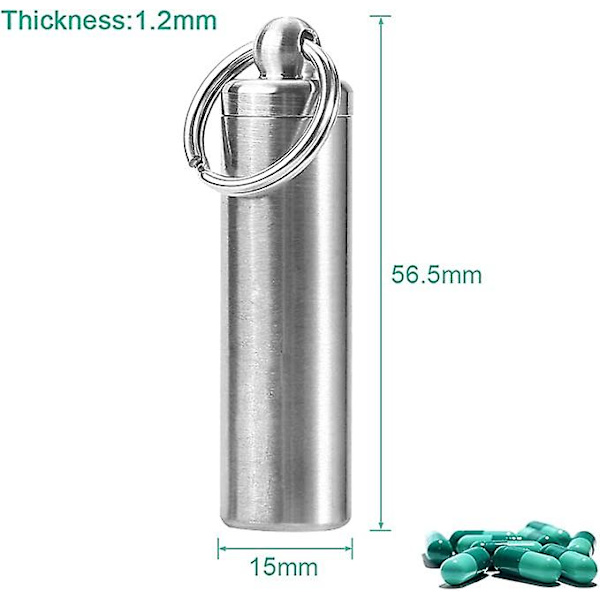 Nøglering Pilleholder, Vandtæt Medicin Pilleæske i Rustfrit Stål Medicin Nøglering Pillebærer Camping Flaskeholder Container Nøglering (1 stk,