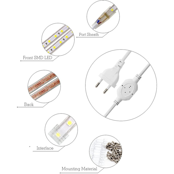 LED-Strips, 2m LED-Strips, Lysstærke LED-Strips 220v, 5050 Ip65 Vandafvisende LED-Strips, Varmt Hvidt (2)