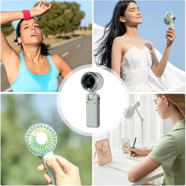 Bærbar håndholdt ventilator, genopladelig 5-trins foldbar ventilator med LED-display, 7-bladet børsteløs motor til rejser og kontor, grøn