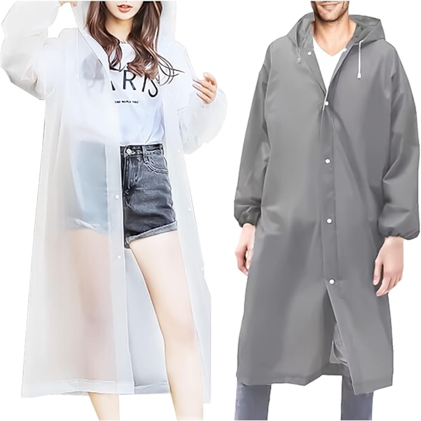 Regnponcho 2-pack Återanvändbar Vattentät Poncho Lättvikts Regnrockar med Huva Regnrock för Kvinnor Män Vandring Camping Resa (Transparent & Grå)
