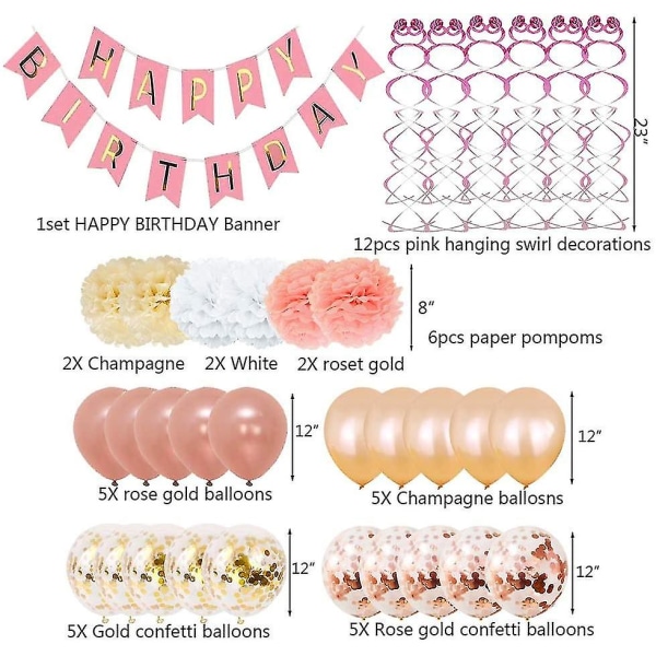 Bursdagsdekorasjoner, inkluderer 52 stk bannere i rosa gullballonger