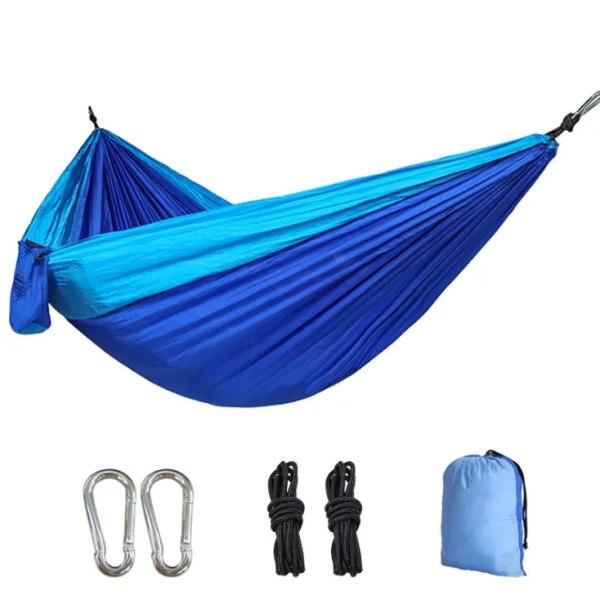 Doble hengekøyer for camping, bærbar fallskjermhengekøye for utendørs fotturer Reiseryggsekk - Hengekøyer Swing for bakgård og hage 55''W 106''L (Blue)