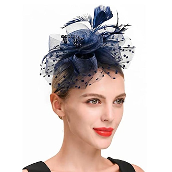Naisten Hatut 50-luvun Pääkatteet Hunnulla Kukalla Cocktail-Hää-Teepuutarha-Kirkko Derby Hat Mesh Top Hat Jockey Club Hiustarvikkeet Tummansininen NavyBlue