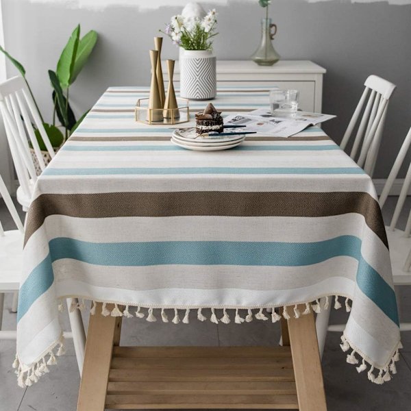 Enkel spisebordduk, rektangulær kjøkkenbordduk, stripet hagebordduk med pompom-dekorasjon (140*300cm) blå og hvit