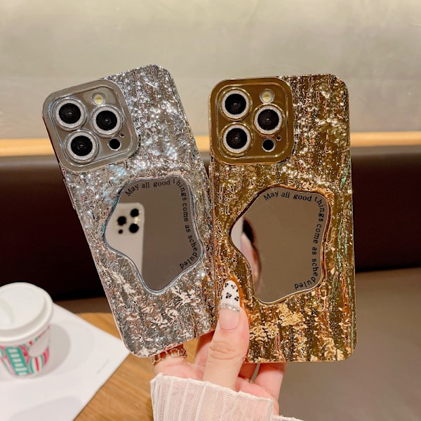RY/Kvinnor Flickor Rynkmönster Sminkspegel Plätering Telefonfodral för iPhone 11 12 13 14 15 16 Pro Max Stötsäkra Fodral Golden For iPhone 15 Pro Max