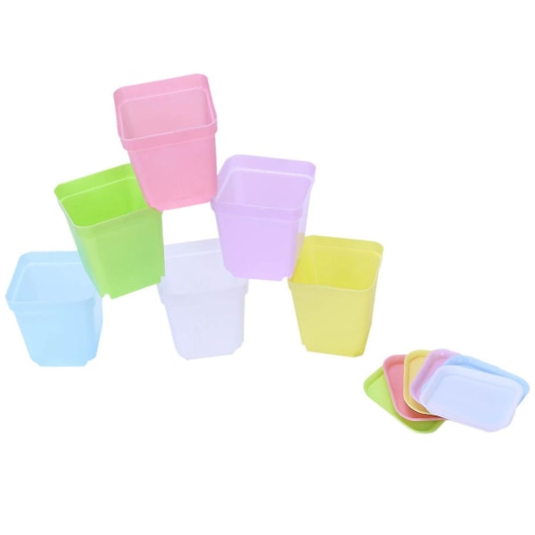 Färgglada Plastblomkrukor med Fat, Set om 24
