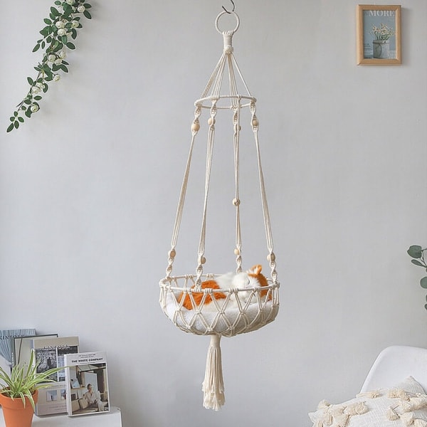 Tre macramé kattehengekøye og vevd bomullsrep for oppheng (30*100cm)_ryy