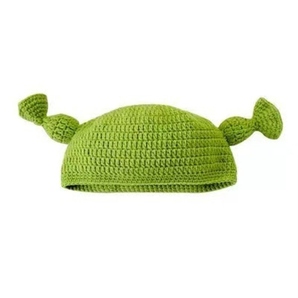 Shrek C-Fletter Håndstrikket Ullhatt, Strikket Hatter Grønne Beanies, Håndstrikket Ull Vinterhatt Cosplay Tegneserie Hatter for Kvinner og Menn