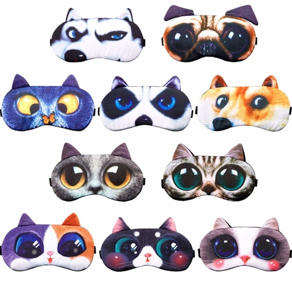 10 stycken söta djursovmasker för sömn, katt- och hundmasker, mjukt ögonbindel med justerbar rem för män och kvinnor