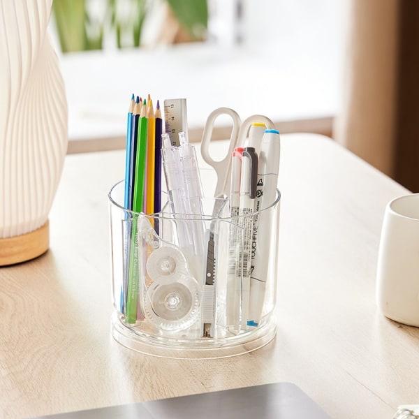 Rotating Pen Holder Cosmetic Storage Box Transparent Organizer Box Rotating Desk 5 Slots Pen Cups Makeup Brush Holder