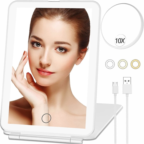 Makeup-spejl med 10X forstørrelsesspejl, genopladeligt rejse-LED-spejl med 3 farvelys, kompakt lysspejl