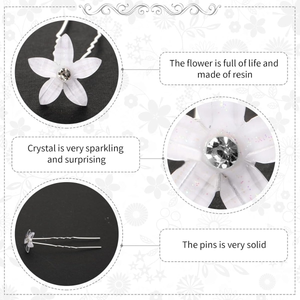 24 Stykker Bryllupsblomster Hårnåler Rhinestone Bryllup Bobby Pins U-Formet Blomster Hårklipp Hvite Blomster Brud Hårnåler Bryllup Hårtilbehør