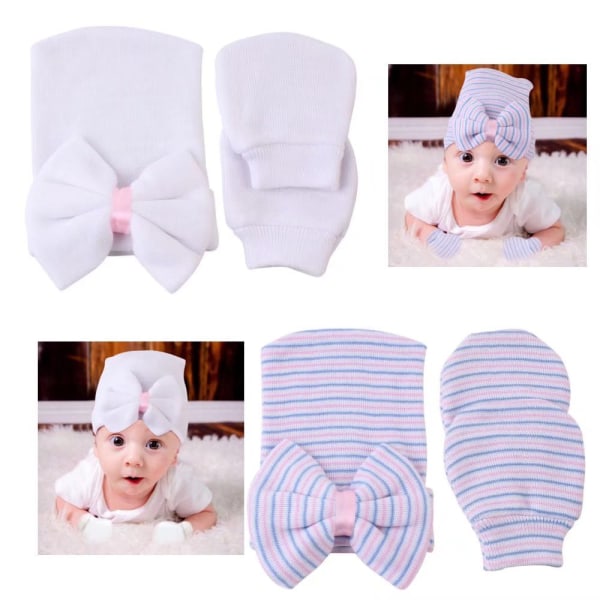 Lasten vaatteet syksyn ja talven baby raidallinen rusetin muotoinen hattu 2kpl (valkoinen+raidat)