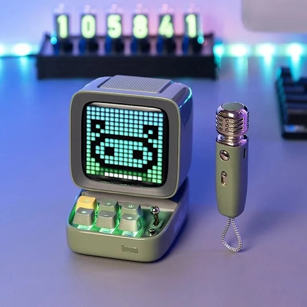 Mic Bluetooth-høyttaler med karaoke-mikrofon - RGB-tastatur og pikselskjerm til skrivebordsdekor, forskjellige lydmoduser, ideelle gaver