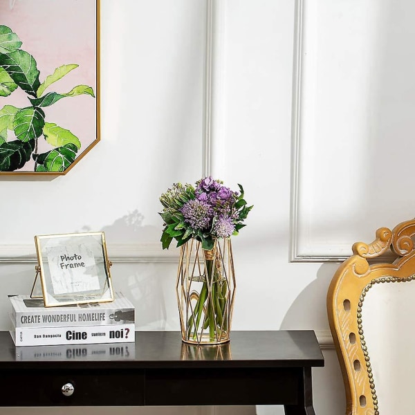 Urtevase, Guldglasvase med geometrisk metalstativ, skandinavisk urtepotte til hjemmet, kontorcenter, bryllup