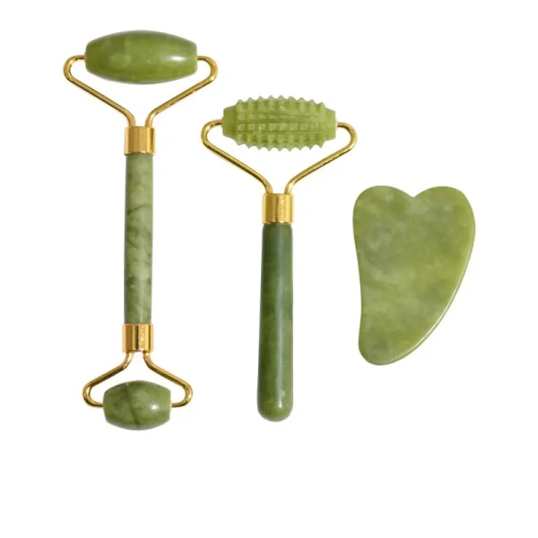 4-i-1 Ansiktsrulle och Gua Sha-set - Ansikts- och ögonjadevals, Jade Gua Sha, varm eller kall ansiktsmassageroll med räfflor - Äkta jade - Wo