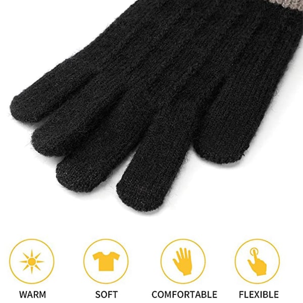 Vinterhandsker til kvinder, varme strikkede touch screen-handsker med anti-slip termisk foring og uldforing - Sort Black