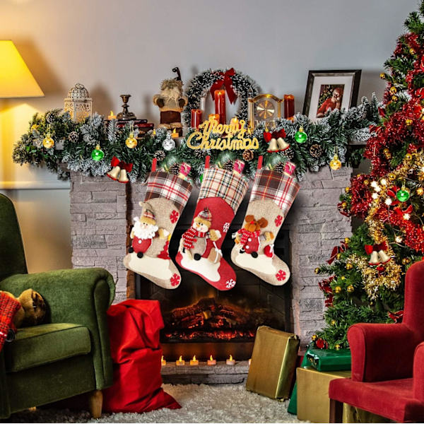 Julstrumpor, 3-pack julgåvosäckar, hängande julstrumpor med tomte, ren och snögubbe juldekoration för eldstadsträ