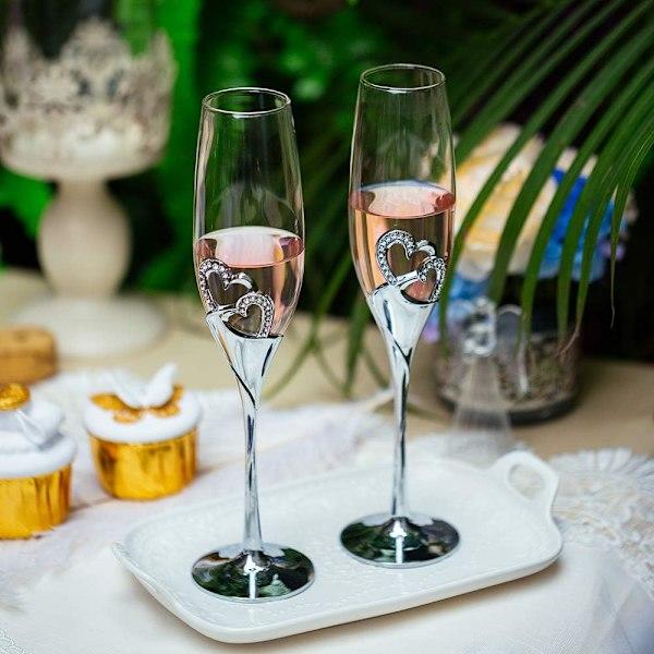 RY-Bryllupschampagneglas Sæt Sølv Toasting Fløjteglas 2 stk. med Rhinestone-kantede Hjertedekorationer, Sølv