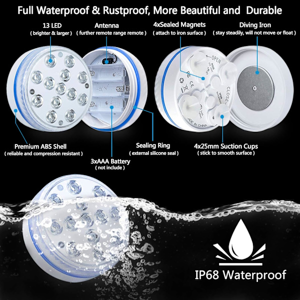 LED-lampa för pool, nedsänkbar, 16 RGB-färger, 30-50 timmars belysningstid, IP68 vattentät, dekoration