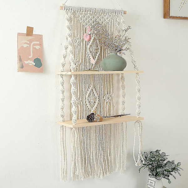 Käsintehty Makrame-seinävaatehylly Boho-tyylinen Puuvillaköysi Kudottu Tapetti Kasvien Ripustus Uiva Hylly