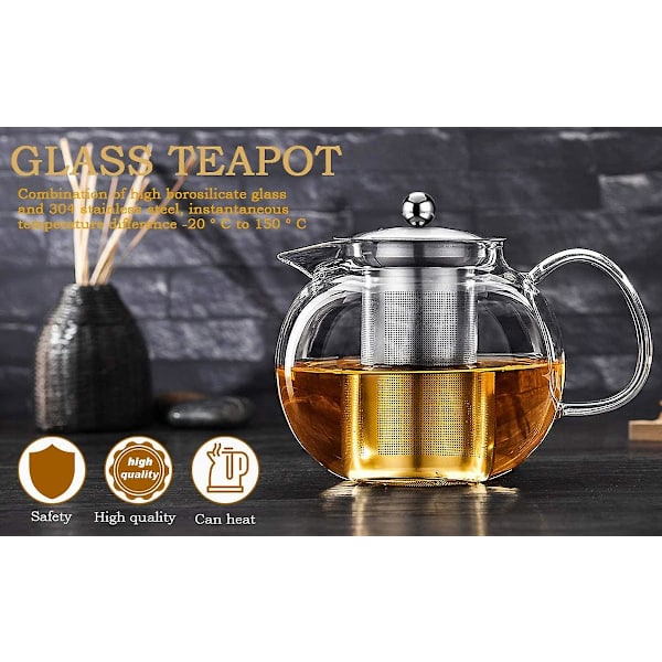 Glas Tekande Med Aftagelig Infuser, Sikker Kedel, Blomster- Og Løsblad Te-Sæt 22oz 650ml 22oz 650ml